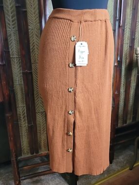 Hippie Rose Rust Ribbed Button-Front Pencil Skirt